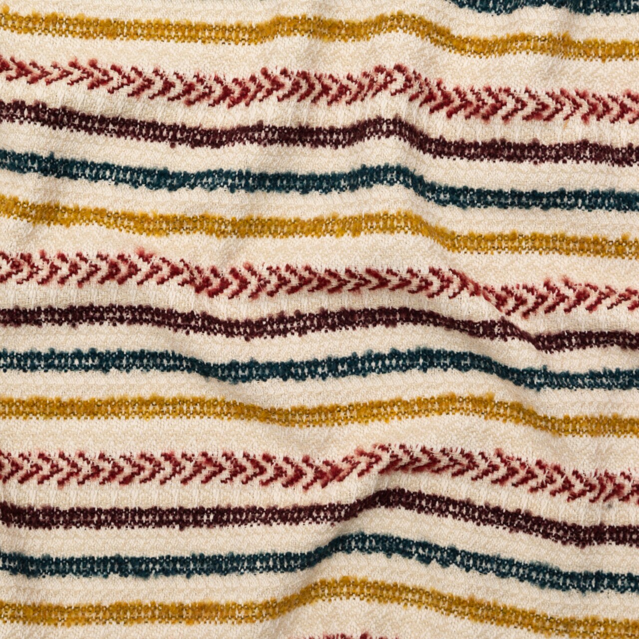 1 Yard Italian Ivory, Maroon, Cumin and Teal Striped Blended Tweed Fabric